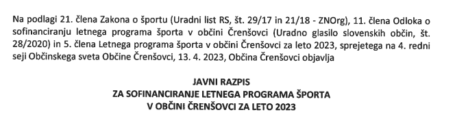 JAVNI RAZPIS ZA SOFINACIRANJE LETNEGA PROGRAMA ŠPORTA 2023